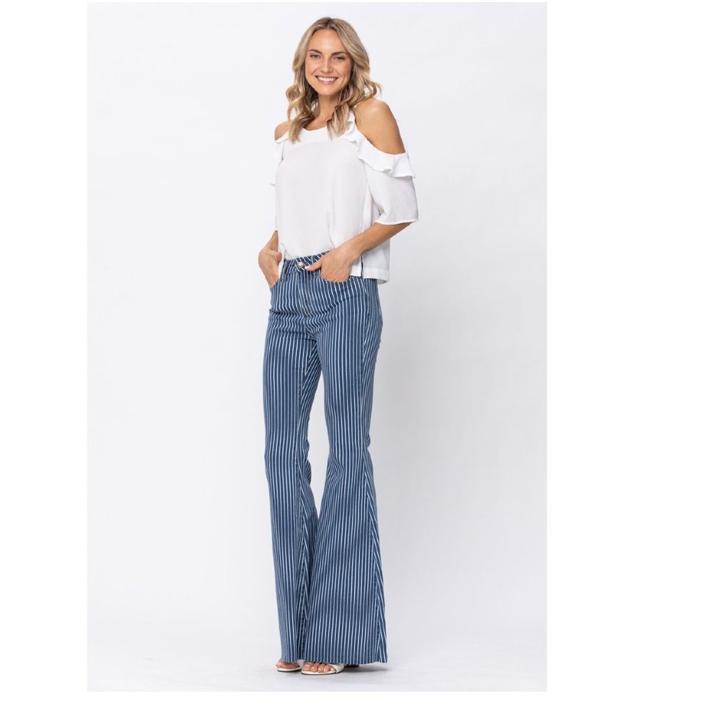 Judy Blue Striped High Rise Flare Skinny Pants Jeans - Picture 4 of 6